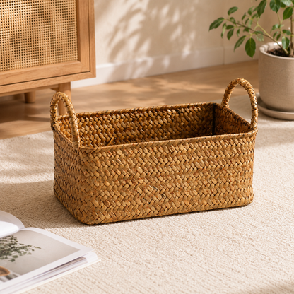Small Rectangular Woven Storage Basket with Dual Handles Material