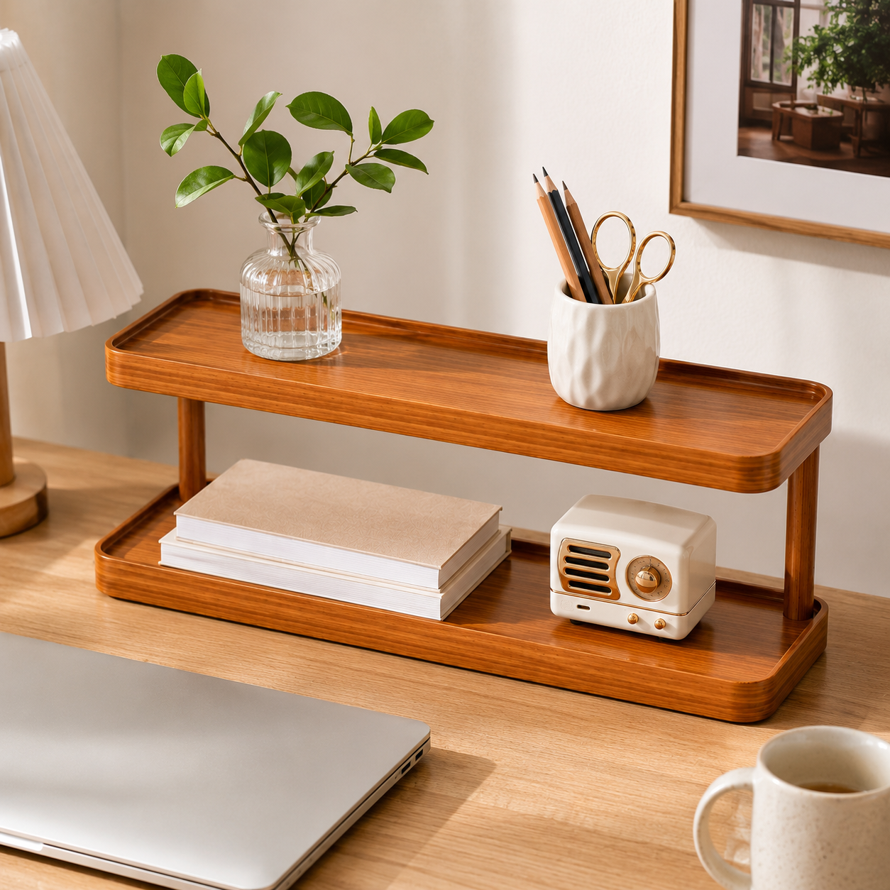 Two-Tier Bamboo Desktop Storage Shelf