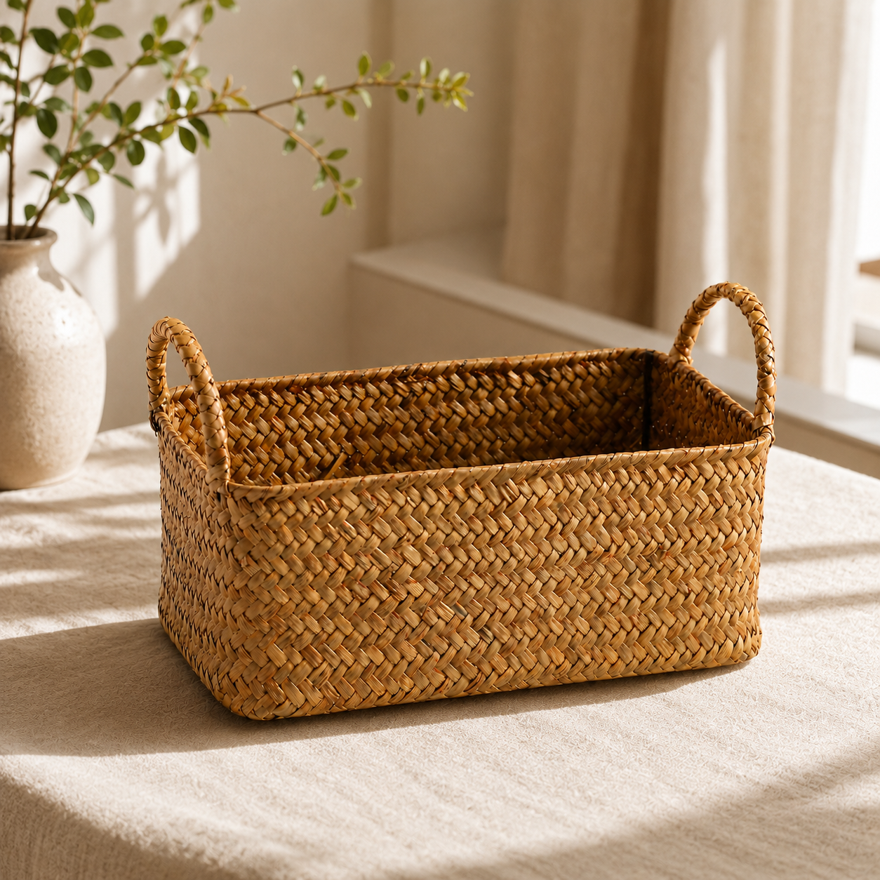Small Rectangular Woven Storage Basket with Dual Handles Material